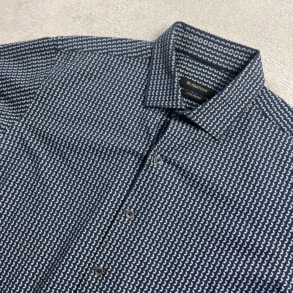 Bugatchi Mens Short Sleeve Button Down Shirt Navy Blue Geometric Leaf Stretch‎ M